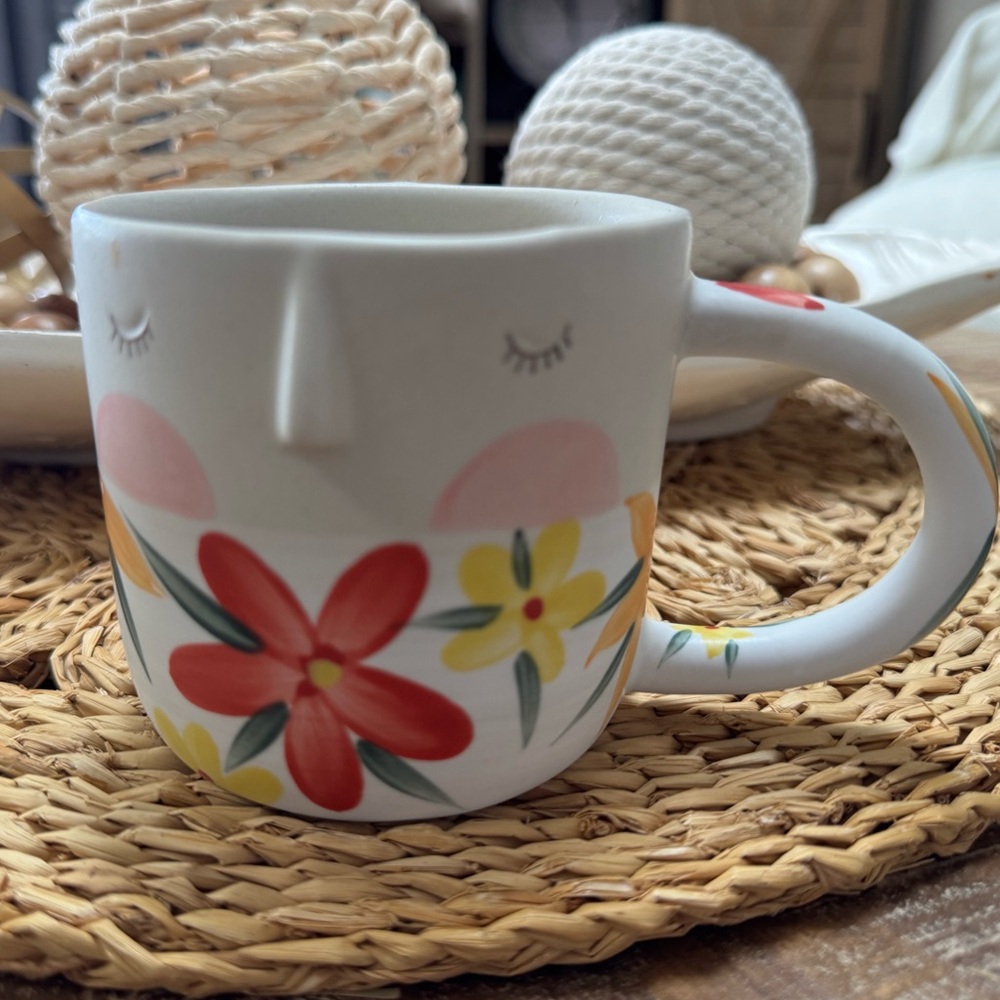 The Art of Anthropologie -Floral Face Mug with Red and Yellow Flowers